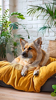 Homey scene Cute dog rests on bed, surrounded by plants