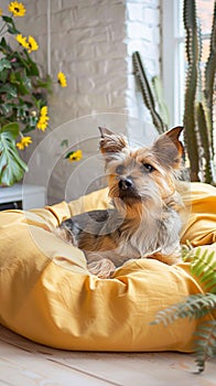 Homey scene Cute dog rests on bed, surrounded by plants