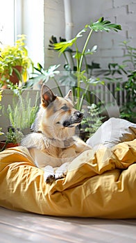 Homey scene Cute dog rests on bed, surrounded by plants