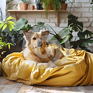 Homey scene Cute dog rests on bed, surrounded by plants