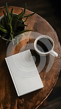 Homey scene white book cover mockup with coffee cup photo