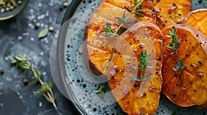 Homey sweet potato photography top down shot with soft light, realistic feel, and neutral tones photo