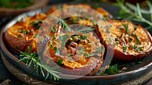 Homey sweet potato top down realistic food photography in soft light with neutral tones photo