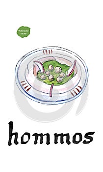 Hommos, chickpea dip, with spices in a white plate in watercolor