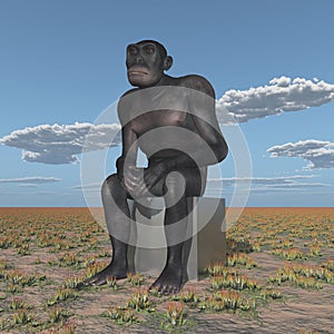 Homo habilis sitting in a landscape