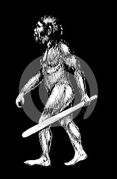 Homo sapiens with a primitive tool. Vector illustration on an isolated black background