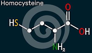 Homocysteine biomarker molecule. It is a sulfur-containing non-proteinogenic amino acid. Skeletal chemical formula on the dark photo