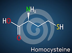 Homocysteine biomarker molecule. It is a sulfur-containing non-proteinogenic amino acid. Structural chemical formula on the dark photo