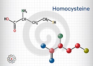 Homocysteine biomarker molecule. It is a sulfur-containing non-proteinogenic amino acid. Structural chemical formula and molecule