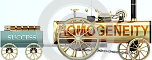 Homogeneity and success - symbolized by a steam car pulling a success wagon loaded with gold bars to show that Homogeneity is