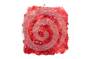Homogeneous mass raspberry jam rectangular, flat top view, isolated on white