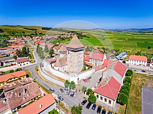 Homorod Fortified Church build by the German Saxons in Transylvania. Aerial view