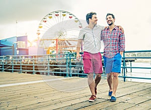 Homosexual couple walking outdoors