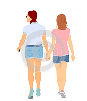 Homosexual girls walking and hand holding vector illustration isolated. Gay couple tenderness outdoor. Hand to hand closeness.