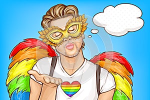 Homosexual man blowing air kiss vector banner