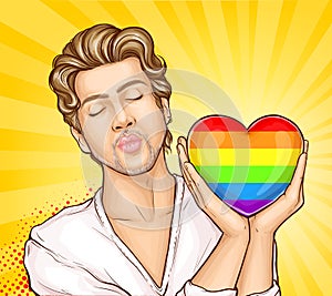 Homosexual man with rainbow heart cartoon vector