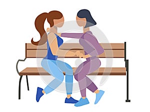 Homosexuality, lesbian. Two girls romantically sit on a bench. Flat style. Cartoon vector