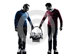 Homosexuals parents men family with baby silhouette