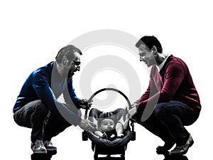 Homosexuals parents men family with baby silhouette