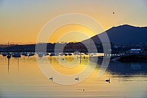 Hondarribia skyline view from the bay of Txingudi. photo