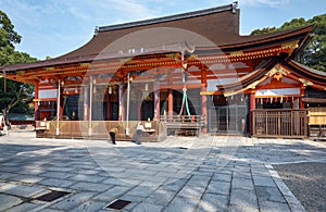 The honden main sanctuary of the Yasaka Gion Shrine. Kyoto. Japan