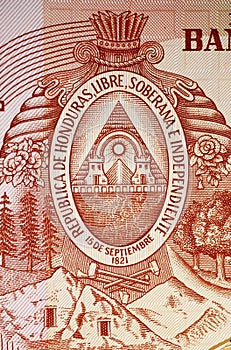 Honduras coat of arms on Lempira currency banknote