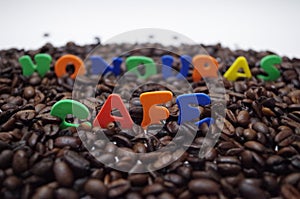 Honduras coffe beans on white surface with a cup of fresh brewed coffe name label 15