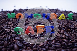 Honduras coffe beans on white surface with a cup of fresh brewed coffe name label 16