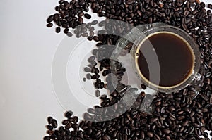 Honduras coffe beans on white surface  with a cup of fresh brewed coffe name label 6