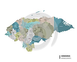 Honduras higt detailed map with subdivisions. Administrative map of Honduras with districts and cities name, colored by states and photo