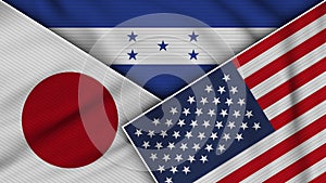 Honduras United States of America Japan Flags Together Fabric Texture Illustration