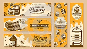 Hone banners. Healthy natural sweets, bee farm products and header with honeycomb cells vector illustration set