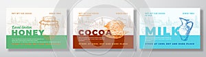 Hone, Cocoa Beans and Milk Food Label Templates Set. Abstract Vector Packaging Design Layouts Bundle. Modern Typography