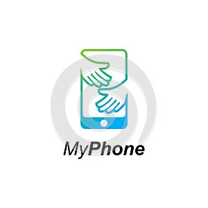 Hone with hand logo design concept template.Hugged smartphone illustration