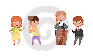 Honest and fair children set. Girl accusing her friend of lying and playing lawman and judge cartoon vector illustration