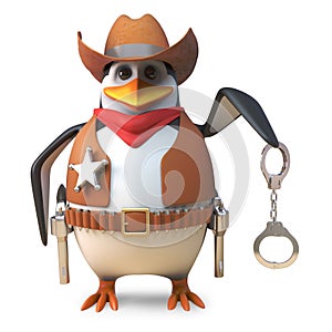 Honest sheriff penguin the brave lawman cowboy holds out his handcuffs, 3d illustration