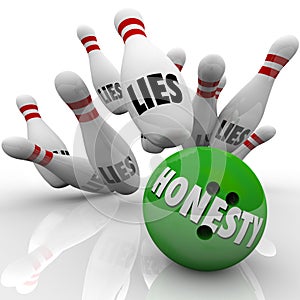 Honesty Bowling Ball Striking Lies Word on Pins Sincerity Wins