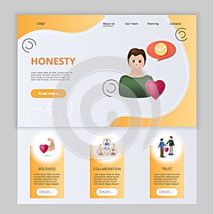 Honesty flat landing page website template. Boldness, collaboration, trust. Web banner with header, content and footer