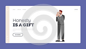 Honesty is a Gift Landing Page Template. Unhappy Businessman hide Face under Happy Smiling Mask. Male Character Imposter