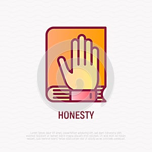 Honesty thin line icon. Oath: hand on bible or lawbook. Modern vector illustration