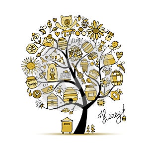 Honey apiary, art tree. Sketch for your design