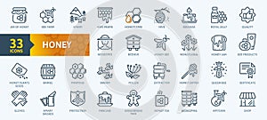 Honey, Apiary, Beekeeping - thin line web icon set. Contains such Icons as Beekeeper, Beehives, Propolis, Bee Farm and more.