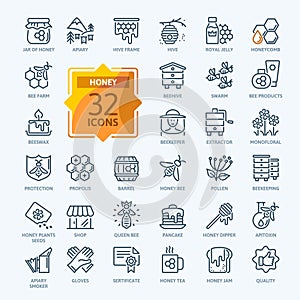 Honey, Apiary, Beekeeping - thin line web icon set. Contains such Icons as Beekeeper, Beehives, Propolis, Bee Farm and more.