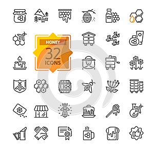 Honey, Apiary, Beekeeping - thin line web icon set. Contains such Icons as Beekeeper, Beehives, Propolis, Bee Farm and more. Outli