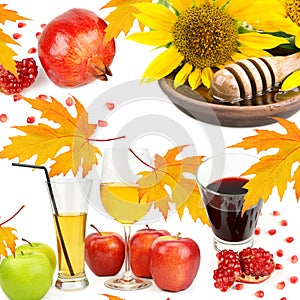 Honey, apple juice and pomegranate fruit isolated on white . Collage