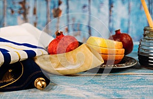 Honey, apple and pomegranate traditional holiday symbols rosh hashanah jewesh holiday