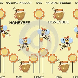 Honey background. Honeybees. Swarm of bees collects honey. Seamless pattern with cartoon characters