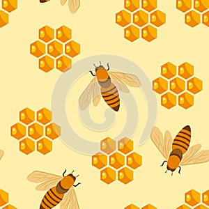 Honey background. Seamless pattern with honeycomb and bees.