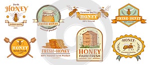 Honey badge. Natural bee farm product label, organic beekeeping pollen and bees hive emblem badges vector illustration photo