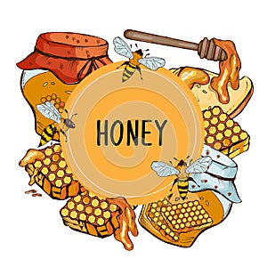 Honey banner, circle frame or label hand drawn color engraved illustration.